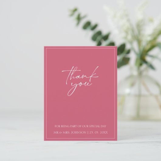 Minimal Magenta Pink Script Hochzeit Dankeskarte (Stehend Vorderseite)
