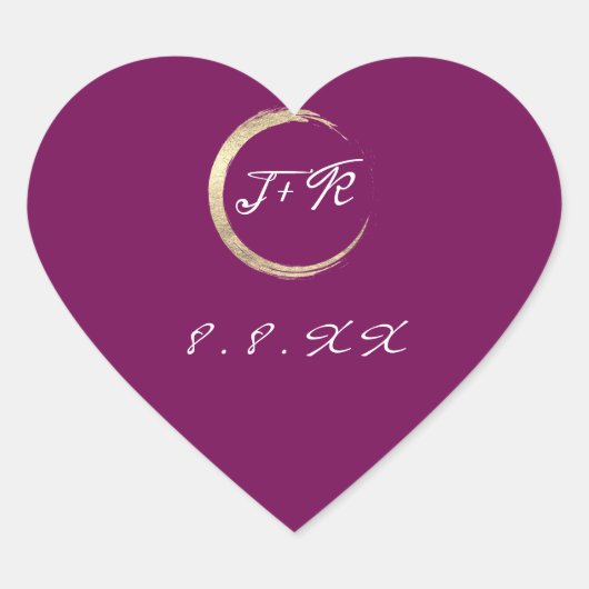 Minimal Marsala White Monogram Gold Save the Date Herz-Aufkleber (Vorderseite)