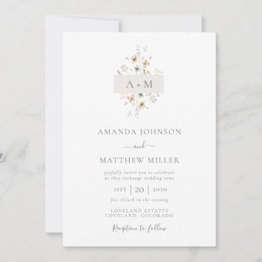 Minimal Mauve Watercolor Floral Monogram Wedding I Einladung (Vorderseite)