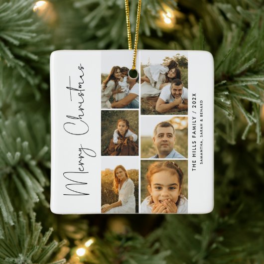 Minimal Merry Christmas Script Family 6 Photos Keramikornament (Baum)