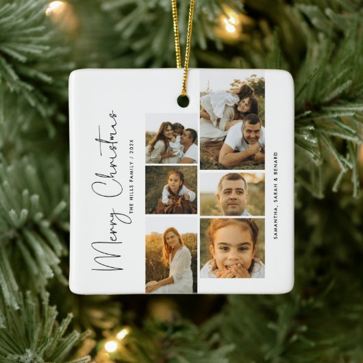 Minimal Merry Christmas Script Family 6 Photos Keramikornament (Baum)