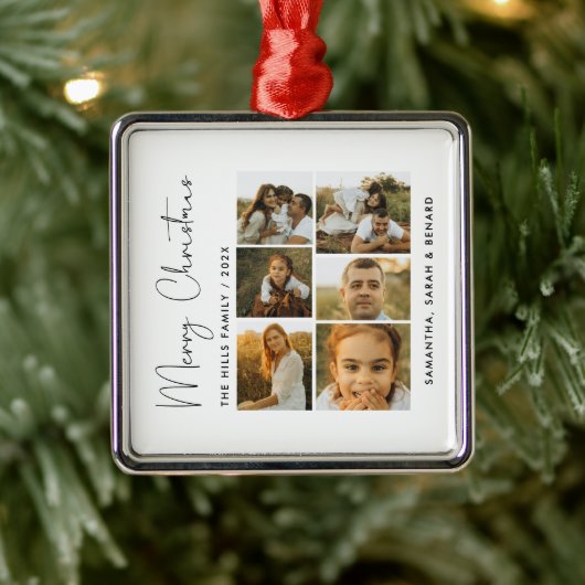 Minimal Merry Christmas Script  Family  6 Photos Ornament Aus Metall (Baum)