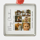 Minimal Merry Christmas Script  Family  6 Photos Ornament Aus Metall (Vorne)