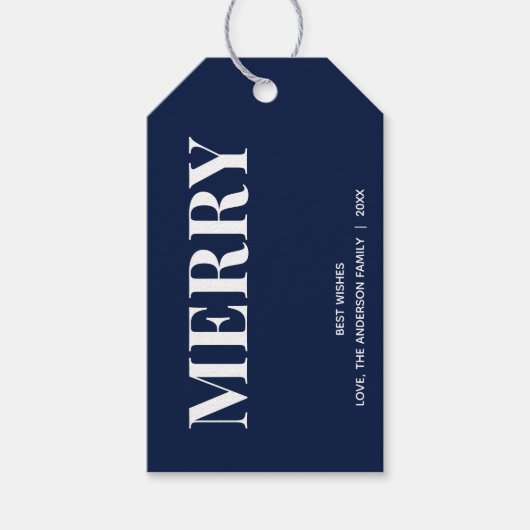 Minimal MERRY | Navy Blue Holiday Geschenkanhänger (Vorderseite)