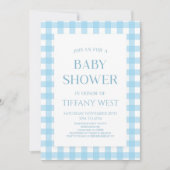 Minimal Minimalistisch moderne Blue Kariert Baby D Einladung (Vorderseite)