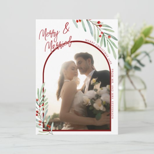 Minimal Mistletoe Newlyweds Arch Foto Weihnachten (Stehend Vorderseite)