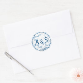 Minimal Misty Blue Smoke Initials Date Wedding Runder Aufkleber