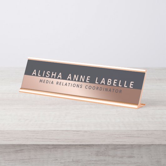 Minimal & modern 2-Tone-Rose Gold Blue Graphit Schreibtischnamensplakette (Vorderseite )