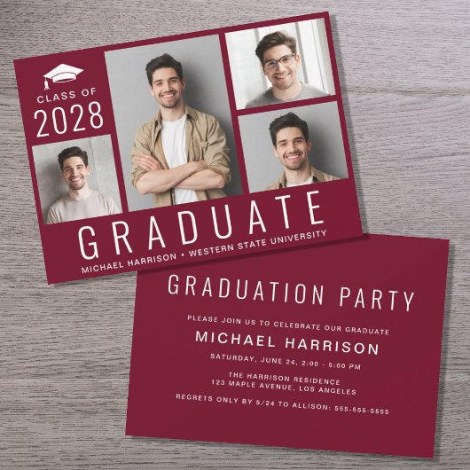 Minimal Modern 4 Foto Burgundy Graduation Party Einladung