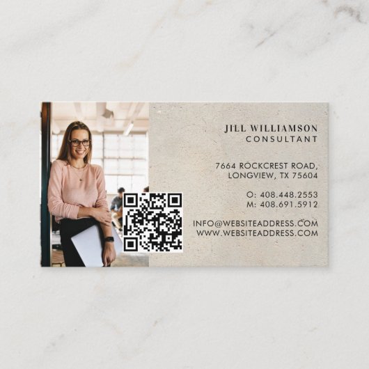 Minimal Modern Beige Stone texture Photo QR Code Visitenkarte (Vorderseite)
