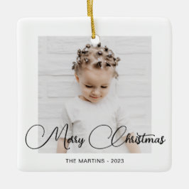 Minimal Modern Black White Christmas Photo Keramikornament