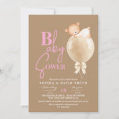 Minimal Modern Brown Pink Bear Balloon Baby Shower Einladung (Vorderseite)