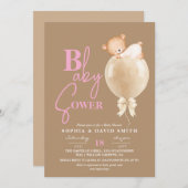 Minimal Modern Brown Pink Bear Balloon Baby Shower Einladung (Vorne/Hinten)
