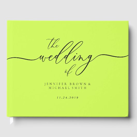 Minimal Modern Cyber Lime Jet Black Wedding Guest Gästebuch (Vorderseite)