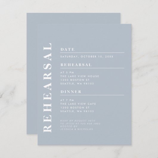 Minimal Modern Dusty Blue Probe Dinner Elegante Einladung (Vorne/Hinten)