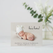 Minimal Modern Foto Geburtsankündigung Postkarte (Stehend Vorderseite)