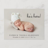 Minimal Modern Foto Geburtsankündigung Postkarte (Vorderseite)