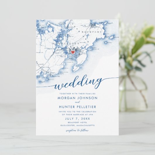 Minimal Modern Gloucester MA Map Wedding Einladung (Stehend Vorderseite)