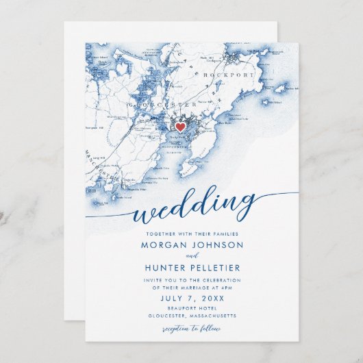 Minimal Modern Gloucester MA Map Wedding Einladung (Vorne/Hinten)