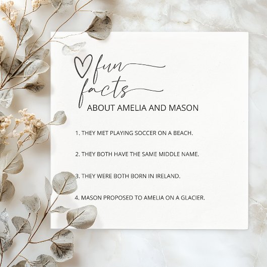Minimal Modern Hand Drawn Heart Fun Facts Wedding Serviette