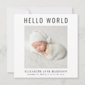 Minimal Modern Hello World Foto Birth Ankündigung (Vorderseite)