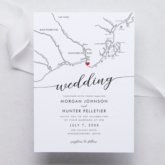 Minimal Modern Kennebunkport Maine Map Wedding Einladung