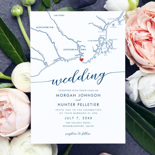 Minimal Modern Kennebunkport Maine Map Wedding Einladung
