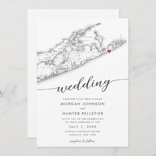 Minimal Modern Montauk Long Island Karte Hochzeit (Vorne/Hinten)