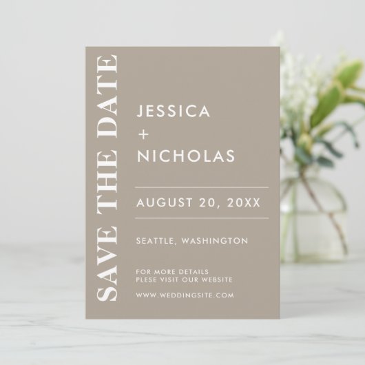 Minimal Modern Olive Gray Hochzeitsfeier Save The Date (Stehend Vorderseite)