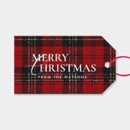 Minimal Modern Red Plaid Script Christmas Geschenkanhänger