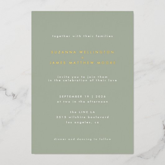 Minimal Modern Sage Green Wedding Real Gold Folieneinladung (Vorderseite)