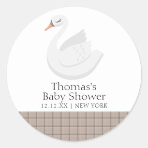 Minimal Modern Swan Kariert Gingham Boy Baby Showe Runder Aufkleber
