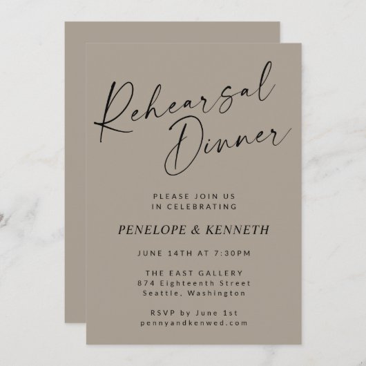 Minimal Modern Taupe Brown Script Probe Dinner Einladung (Vorne/Hinten)
