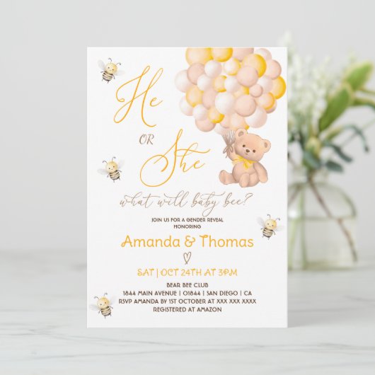 Minimal modern, was Baby Bee Gender Reveal Einladung (Stehend Vorderseite)