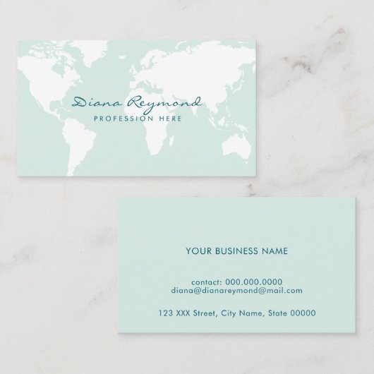 Minimal modern, Weltkarte auf sehr blassblauem aqu Visitenkarte (Vorne/Hinten)