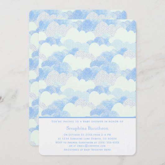 Minimal moderne Abstrakt Blue Clouds Babydusche Einladung (Vorne/Hinten)