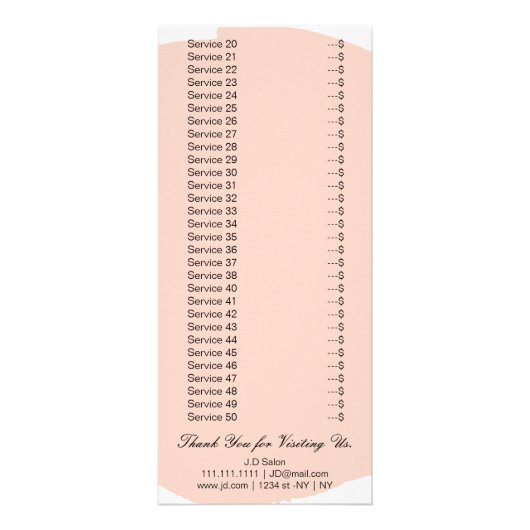 Minimal Moderne Blush Salon Services Rack-Karte Werbekarte (Hinten)