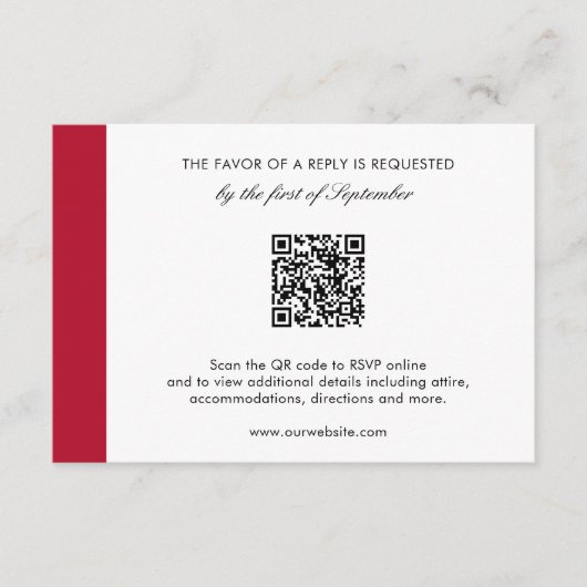 Minimal moderne, elegante Red QR Code Hochzeit RSVP Karte (Vorderseite)