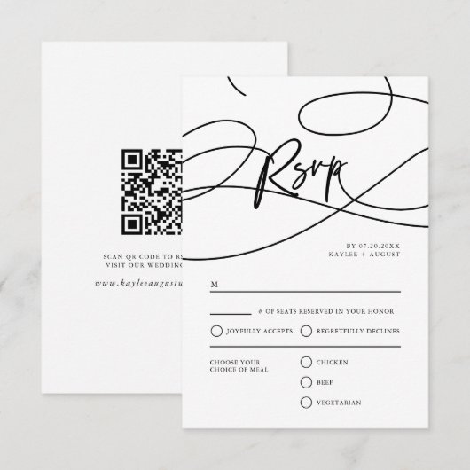 Minimal moderne Extravagante Script "UAWG" QR Code RSVP Karte (Vorne/Hinten)
