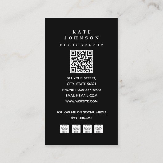 Minimal moderne Fotograf QR Code Social Media Visitenkarte (Rückseite)