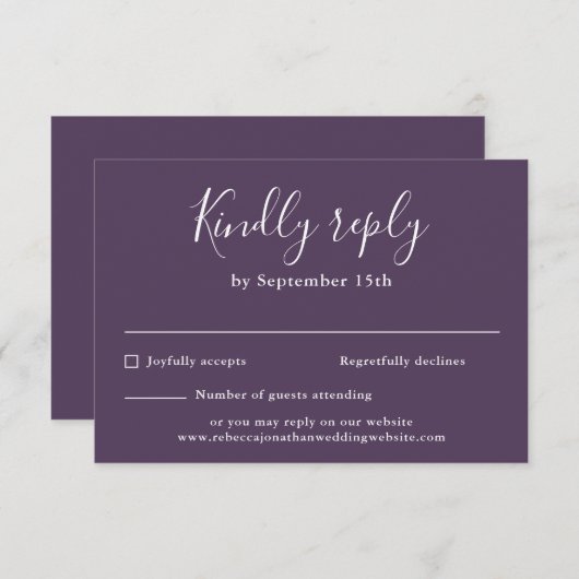 Minimal moderne Lila Script-Wedding RSVP-Karte RSVP Karte (Vorne/Hinten)