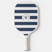 Minimal moderne Navy Stripe Custom Monogram & Name Pickleball Schläger (Vorderseite)