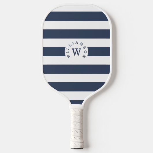 Minimal moderne Navy Stripe Custom Monogram & Name Pickleball Schläger (Vorderseite)