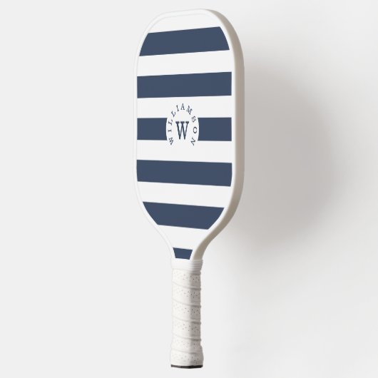Minimal moderne Navy Stripe Custom Monogram & Name Pickleball Schläger (Links)
