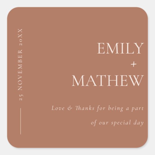 MINIMAL MODERNE ORANGE RUST TYPOGRAPHY WEDD QUADRATISCHER AUFKLEBER (Vorderseite)