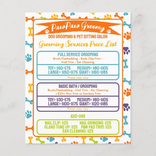 Minimal moderne Paws Dog Grooming Price List Flyer (Vorne)
