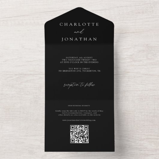 Minimal moderne QR Code Black Wedding All In One Einladung (Innen Boden)