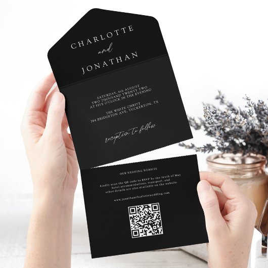 Minimal moderne QR Code Black Wedding All In One Einladung