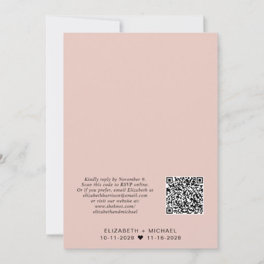 Minimal moderne QR Code Blush Wedding Reception Einladung (Rückseite)