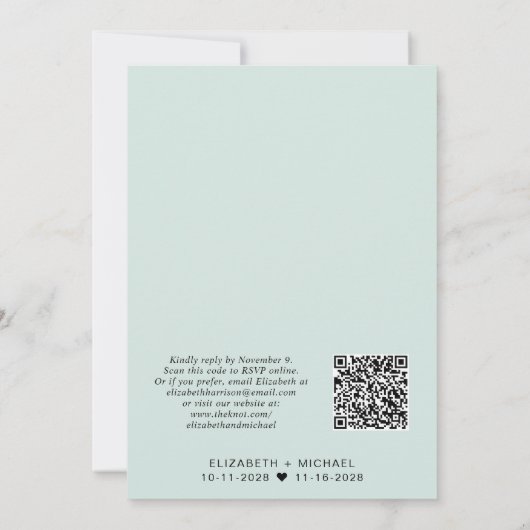 Minimal moderne QR Code Mint Hochzeitsempfehlung Einladung (Rückseite)